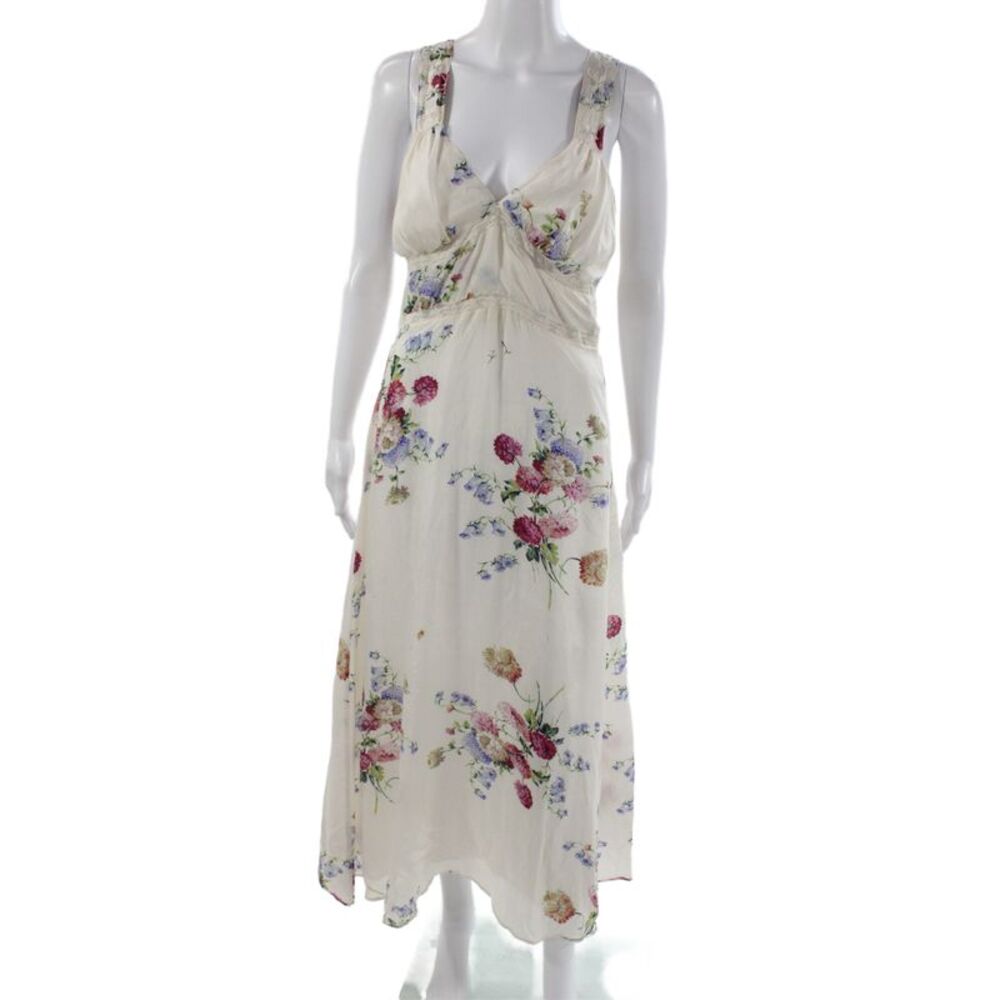 Love Shack Fancy Womens Ivory Floral V-Neck Maxi Dress Sleeveless Cotton Size 0